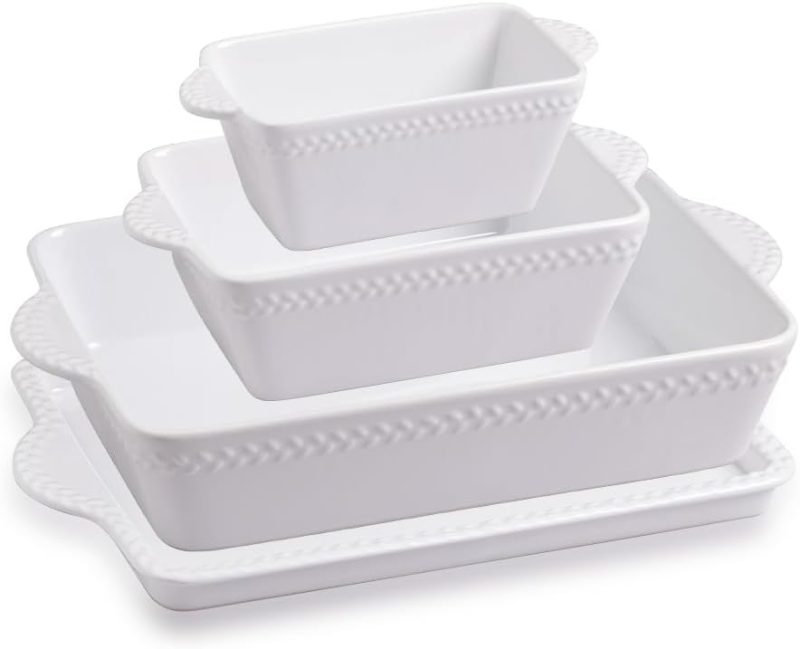 Ceramic Baking Dish Lasagna Pans with Trivet, Rectangular Bakeware for Cooking, Kitchen, Cake Dinner, Banquet, 15.3x 9.6 x 2.8 Inches of Casserole Dishes（White）