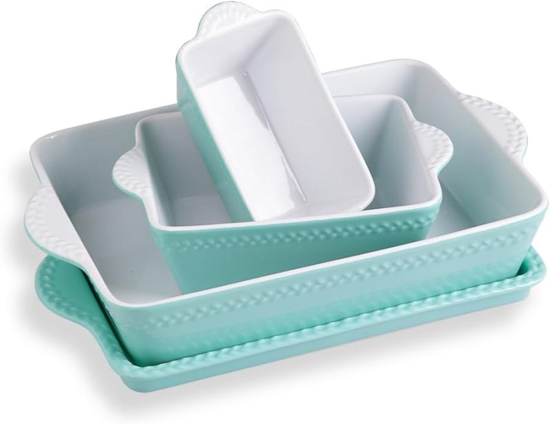 Ceramic Baking Dish Lasagna Pans with Trivet, Rectangular Bakeware Set for Cooking, Kitchen, Cake Dinner, Banquet, 15.3x 9.6 x 2.8 Inches of Casserole Dishes（Turquoise）