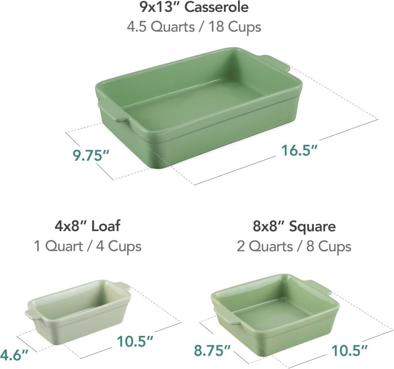 Bakeware Set, Baking Dish Set, 3-Piece Nonstick, Toxin-Free, Ceramic Serving Dishes, Casserole, Bread Loaf, Square Pan, Space-Saving Nesting Design - Sage Green - Image 2
