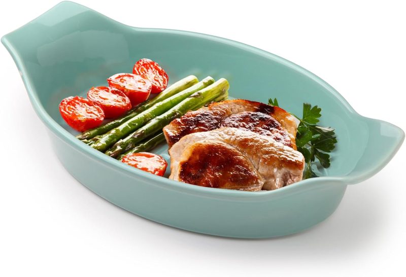 Baking Dish, Rectangular Ceramic Baking Dish with Double Handles，10.2x6.1 Inch Baking Dish for Oven，Small Baking Dish for Casseroles, Grilled Noodles, Grilled Chicken, Grilled Steak (green)