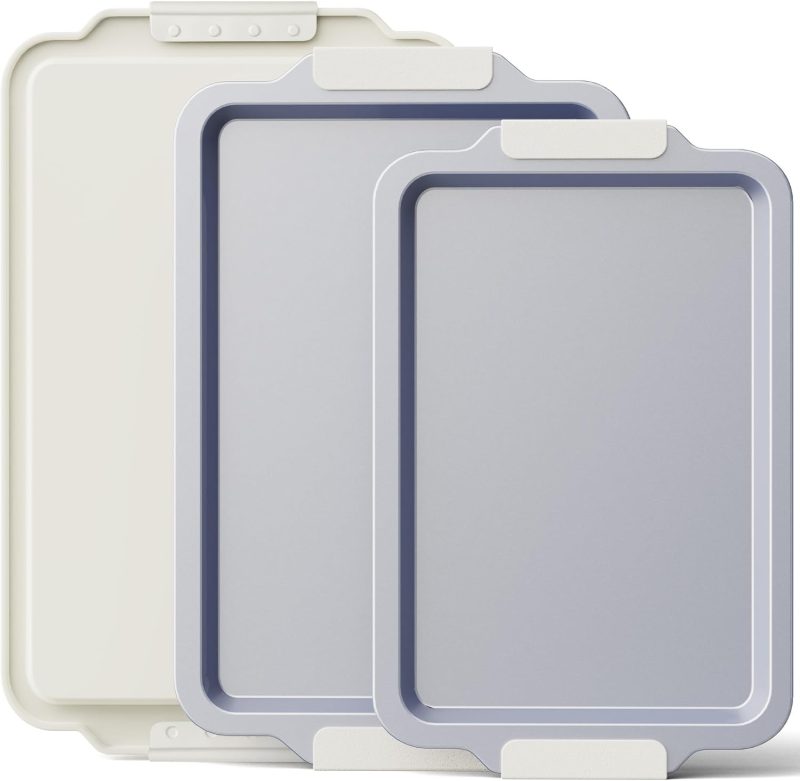 Non Stick Ceramic Baking Sheet Pan Set of 3, Natural Non Toxic Cookie Sheets for Baking - PFOA, PTFE Free, Heavy Duty Aluminized Steel Oven Trays for Cooking with Silicone Handles, Cream