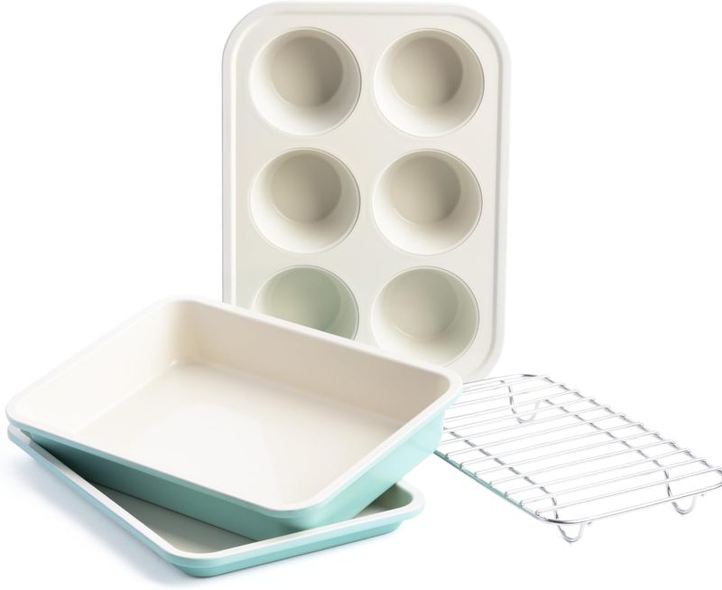 Bakeware Healthy Ceramic Nonstick, 4 Piece Toaster Oven Baking Set with Cookie Sheet Muffin and Cake Pan, PFAS-Free, Turquoise