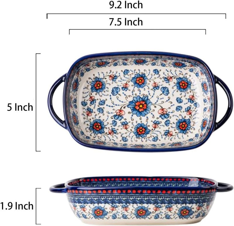Blue and Orange Flower Vintage Style Ceramic Bakeware Casserole Dish Baking Pan Lasagna Pans with Handles for Oven/Cooking/Kitchen-1 PCS-22 OZ - Image 2