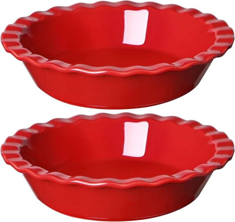Ceramic Pie Pans for Baking, 9 Inches Pie Plate for Apple Pie, Pecan Pie, 52 Ounce Deep Pie Dish, Set of 2, Red