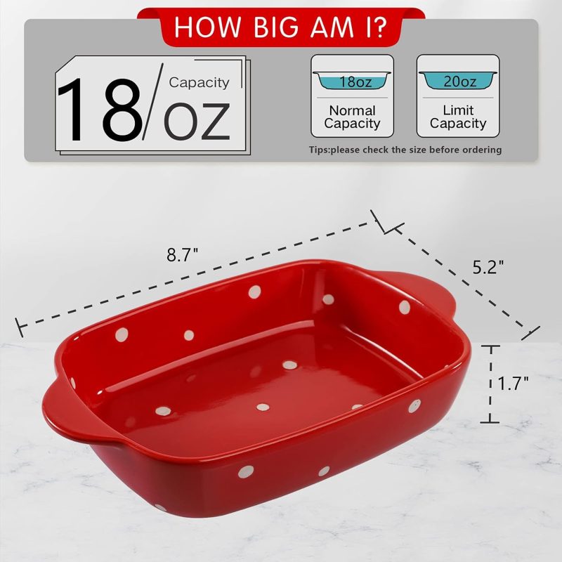 Set of 4 Ceramic Small Casserole Dishes, 7"x5" Porcelain Roasting Lasagna Pan, Individual Casserole Dishes Bakeware with Handle Rectangular Dish, Ceramic Baking Dish for Oven, 20 Oz, Polka Dot, Assorted Color