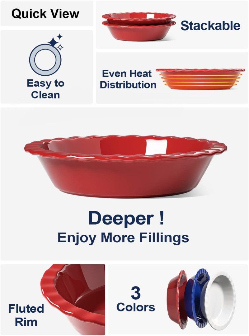Ceramic Pie Pans for Baking, 9 Inches Pie Plate for Apple Pie, Pecan Pie, 52 Ounce Deep Pie Dish, Set of 2, Red - Image 2