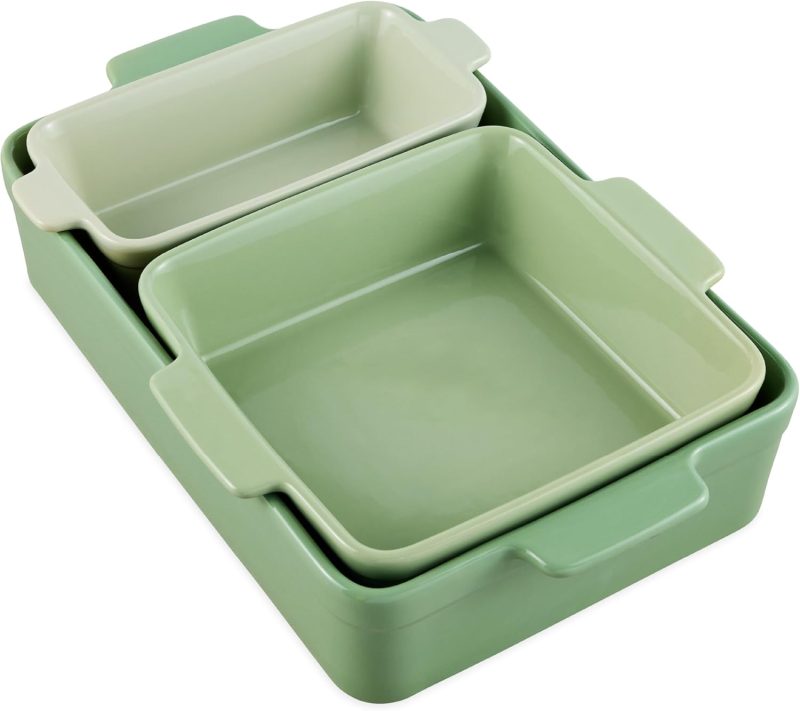 Bakeware Set, Baking Dish Set, 3-Piece Nonstick, Toxin-Free, Ceramic Serving Dishes, Casserole, Bread Loaf, Square Pan, Space-Saving Nesting Design - Sage Green