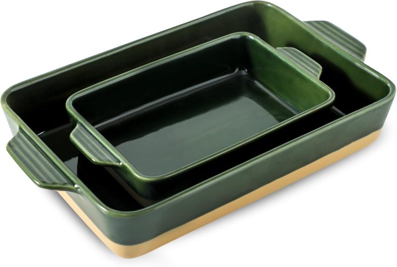 Ceramic Baking Casserole Dish with Handles, Large 9x13 inch Pan and Middle Baking Pan - Porcelain Serving Bakeware Set (Forest Green)