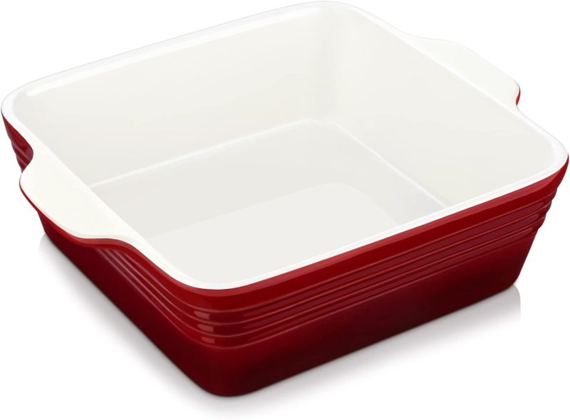 8x8 inch Baking Pan, 2 Quart Square Cake Pan Baking Dish for Oven, Stoneware Brownie Pan Non-Stick, Casserole Baking Pan with Handle,Ceramic Bread Pans for Baking, Red