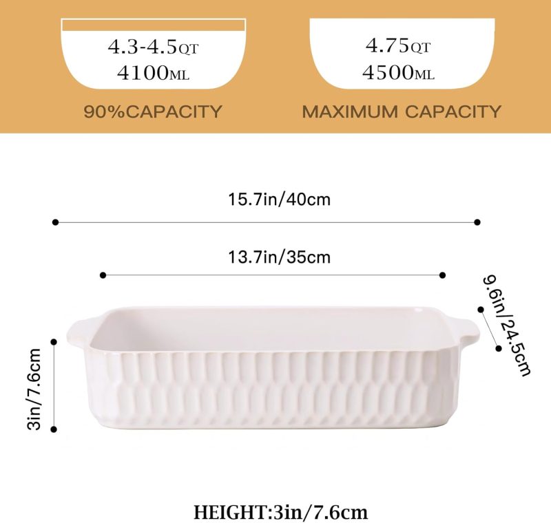 4.7QT Casserole Dishes for Oven, 9x13” Large Lasagna Pan, Ceramic Baking Dish, Rectangular Lasagna Pan Deep with Handles for Baking, Casserole, Kitchen, Gift for Mother Father Women Men - Image 2