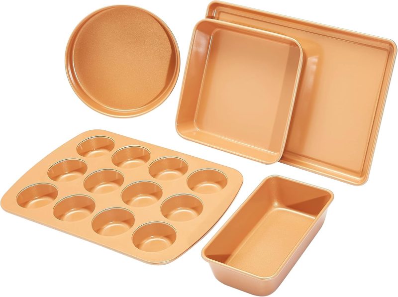 Ceramic Nonstick Baking Sheets and Pans Bakeware Set, Non-Toxic, 5-Piece Set- Copper Color
