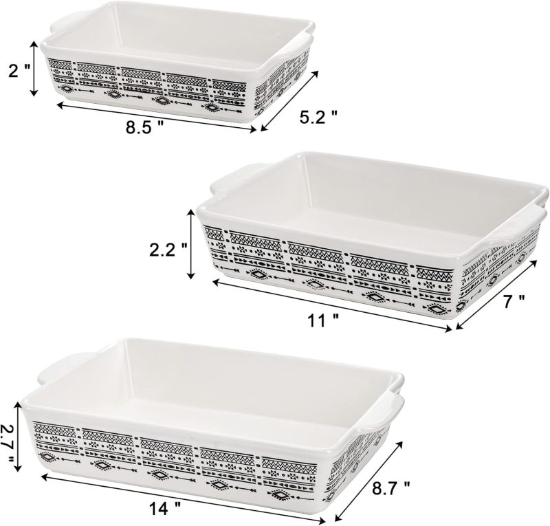 Set of 3 Ceramic Baking Dish with Handles, Porcelain Bakeware Set with Boho Pattern, Casserole Dish, Lasagna Pans, Rectangular Baking Dish for Kitchen, Cooking, Cake Dinner - Image 2