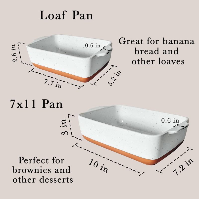 7x11in & Loaf Baking Dishes - Porcelain Casserole & Bakeware, Oven-to-Table, Freezer Safe - Set of 2, White