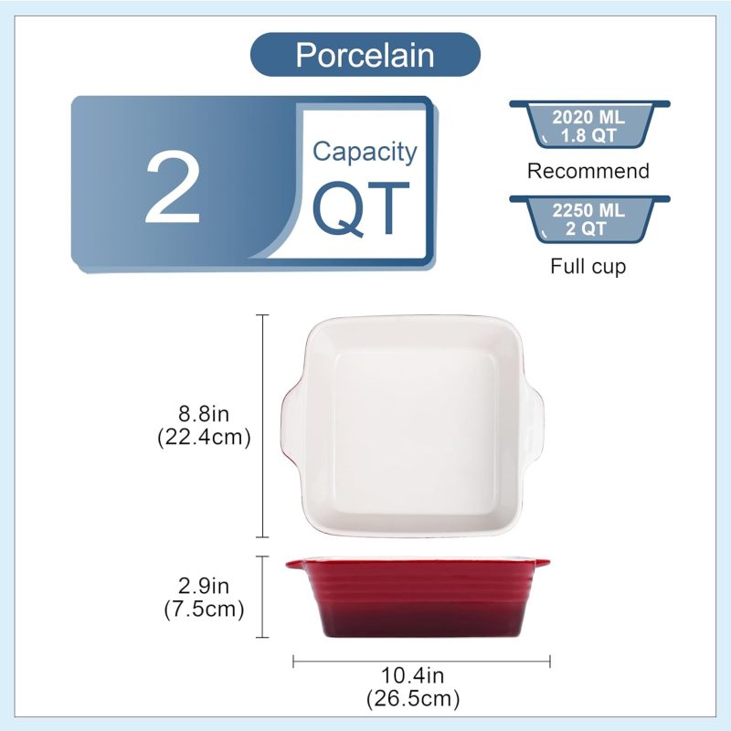 8x8 inch Baking Pan, 2 Quart Square Cake Pan Baking Dish for Oven, Stoneware Brownie Pan Non-Stick, Casserole Baking Pan with Handle,Ceramic Bread Pans for Baking, Red - Image 2