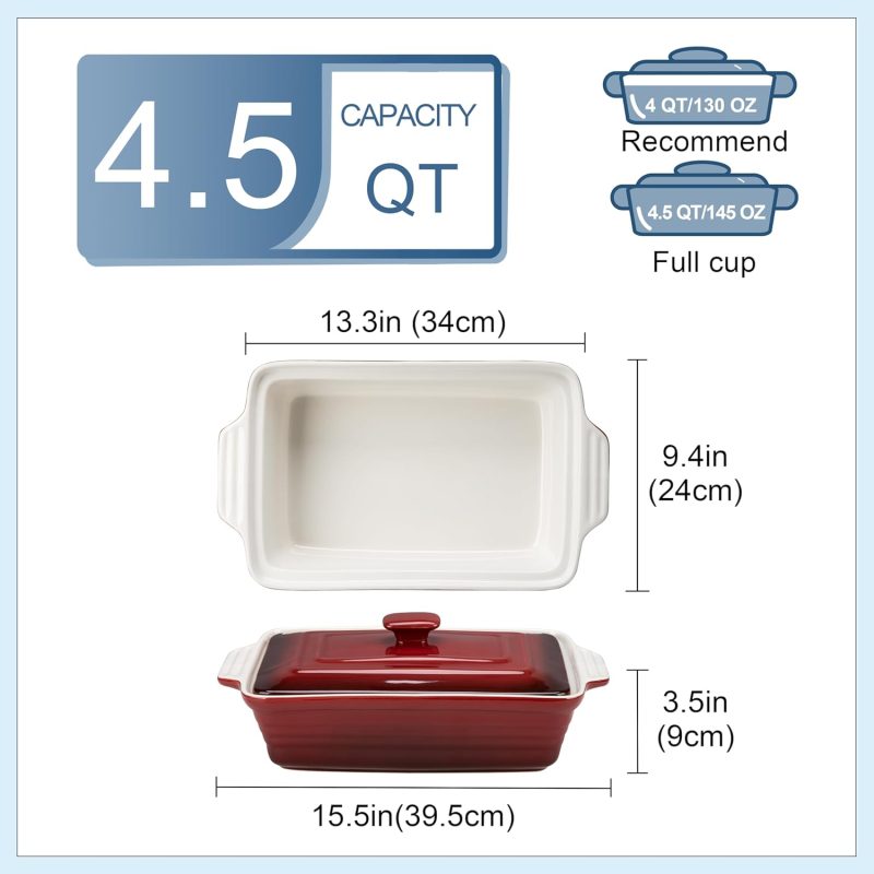 4.5 Quart Ceramic Casserole Dish with Lid, 9x13 Baking Dish for Oven, Lasagna Pan Deep with Handles, Stoneware Bakeware, Oven & Dishwasher Safe, Gradient Red - Image 2