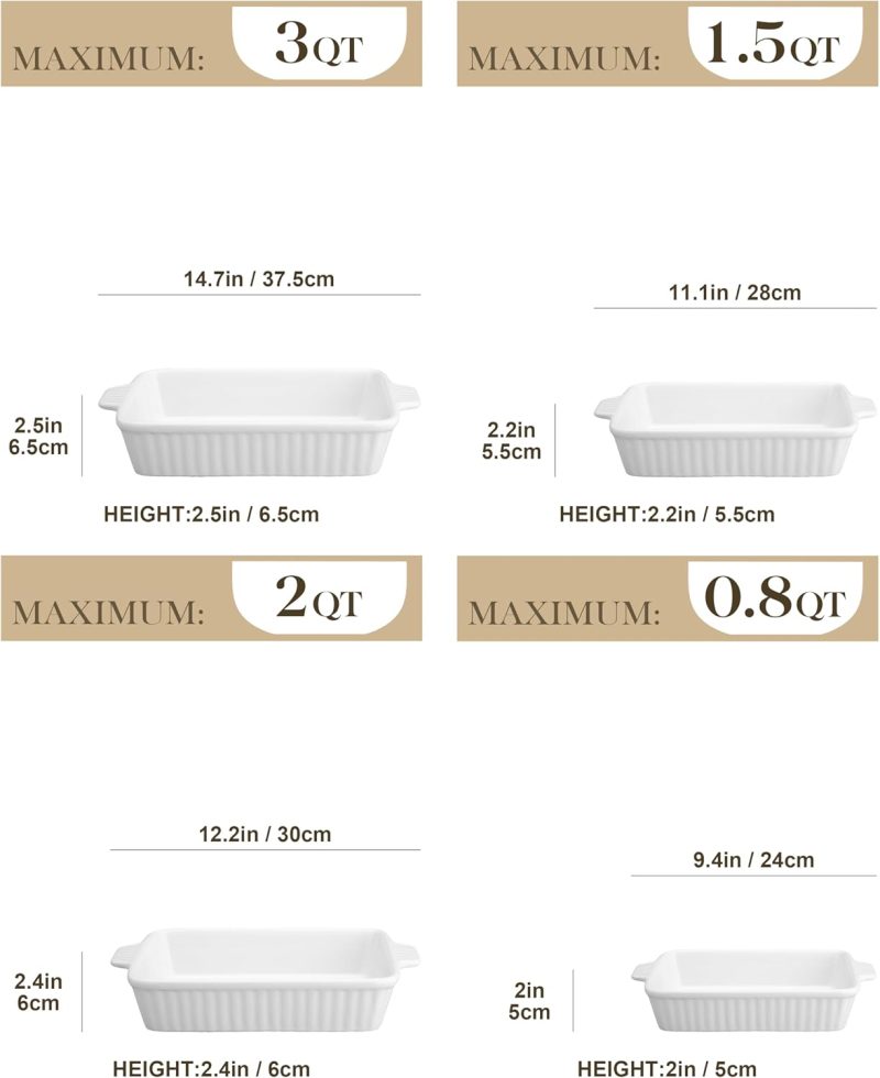 Casserole Dishes for Oven, Porcelain Baking Dishes, Ceramic Bakeware Sets of 4, Rectangular Lasagna Pans Deep with Handles for Baking Cake Kitchen, White (9.4"/11.1"/12.2"/14.7"), Series - Image 2