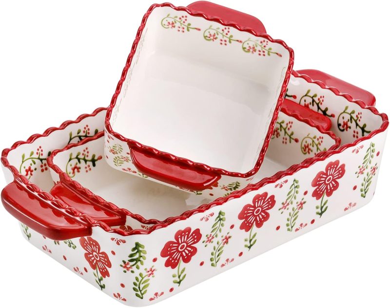 3 Pack Ceramic Baking Dishes, Rectanglar Bakeware Set Hand-painted Lasagna Pan Porcelain Serving Bakeware for Pasta, Chicken, Kitchen, Banquet, Microwave and Dishwasher Safe