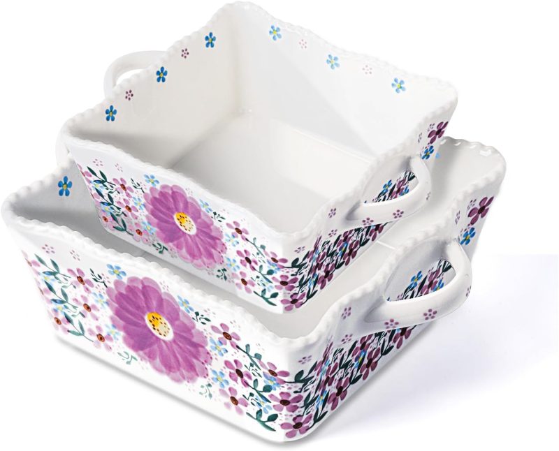 Ceramic Baking Tray Rectangular Blue Rose Oven Baking Tray Set With Handle, 2-Piece Set Hand-Painted Porcelain Baking Tray With Handle, Oven/Cooking/Microwave And Dishwasher Safe Baking Tray