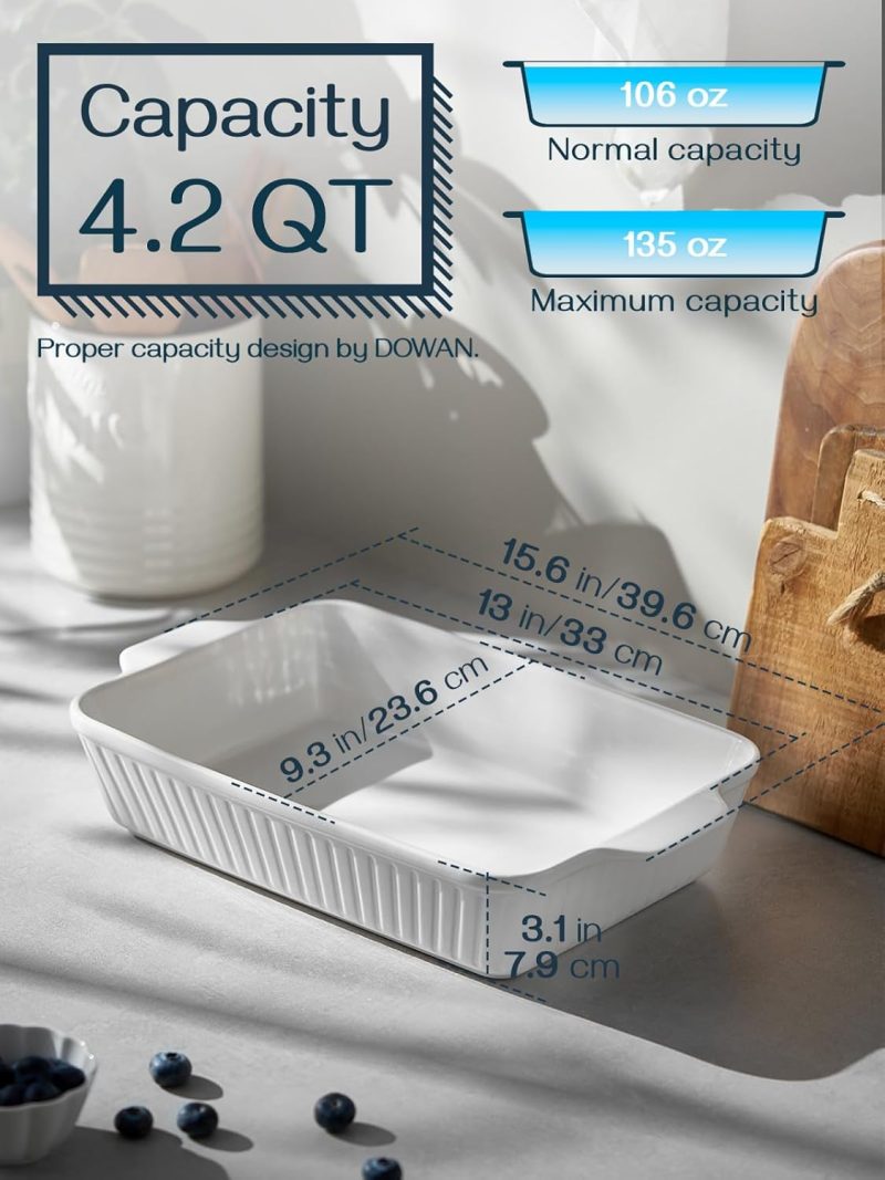 Casserole Dish, 9x13 Ceramic Baking Dish, Large Lasagna Pan Deep for Oven, 4.2 Quarts Baking Pan with Handles, Oven Safe and Durable Bakeware for Lasagna, Home Decor, Wedding Gift, White - Image 2