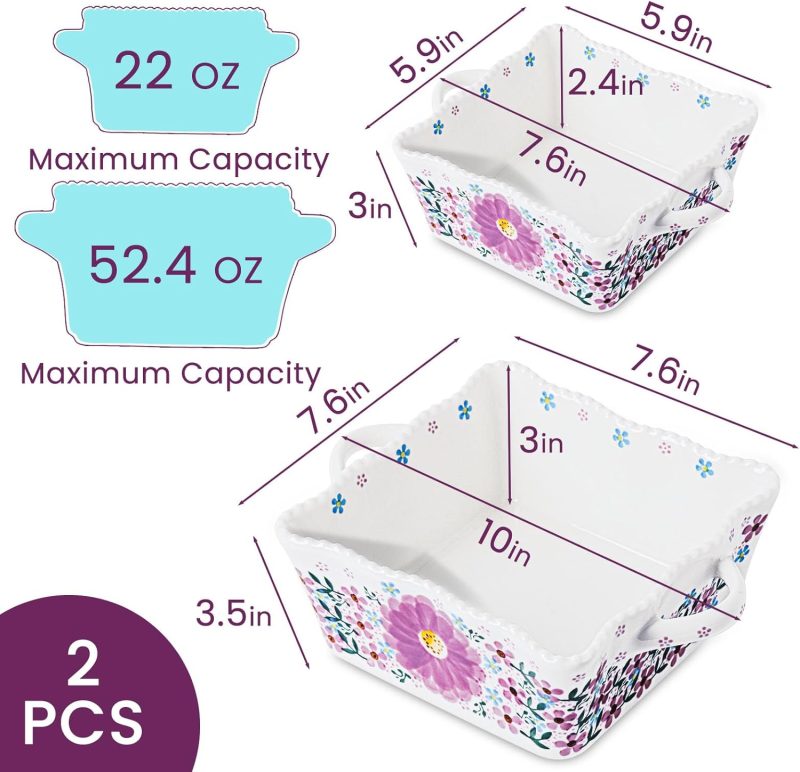 Ceramic Baking Tray Rectangular Blue Rose Oven Baking Tray Set With Handle, 2-Piece Set Hand-Painted Porcelain Baking Tray With Handle, Oven/Cooking/Microwave And Dishwasher Safe Baking Tray