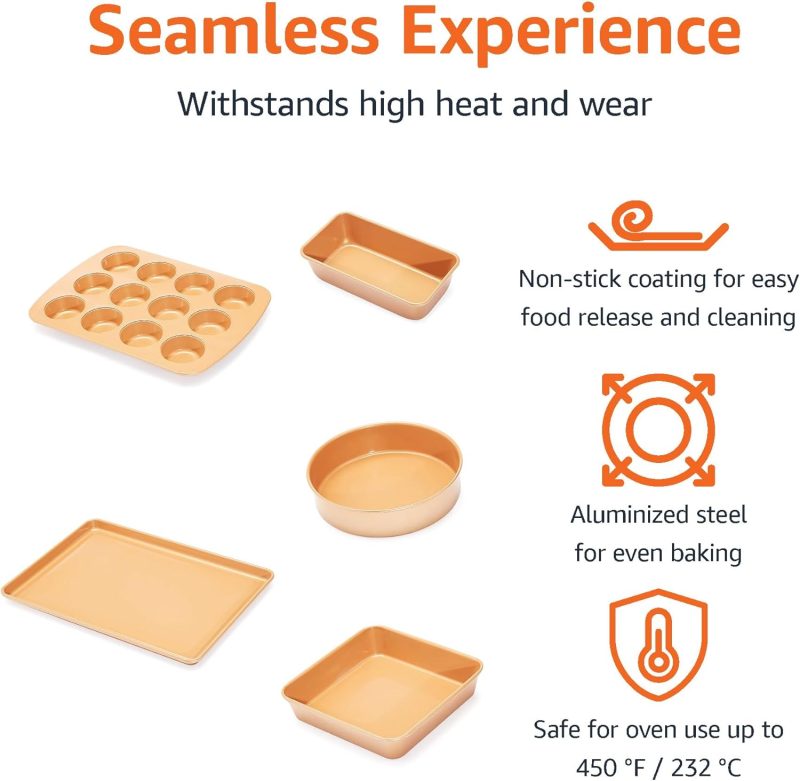 Ceramic Nonstick Baking Sheets and Pans Bakeware Set, Non-Toxic, 5-Piece Set- Copper Color - Image 2