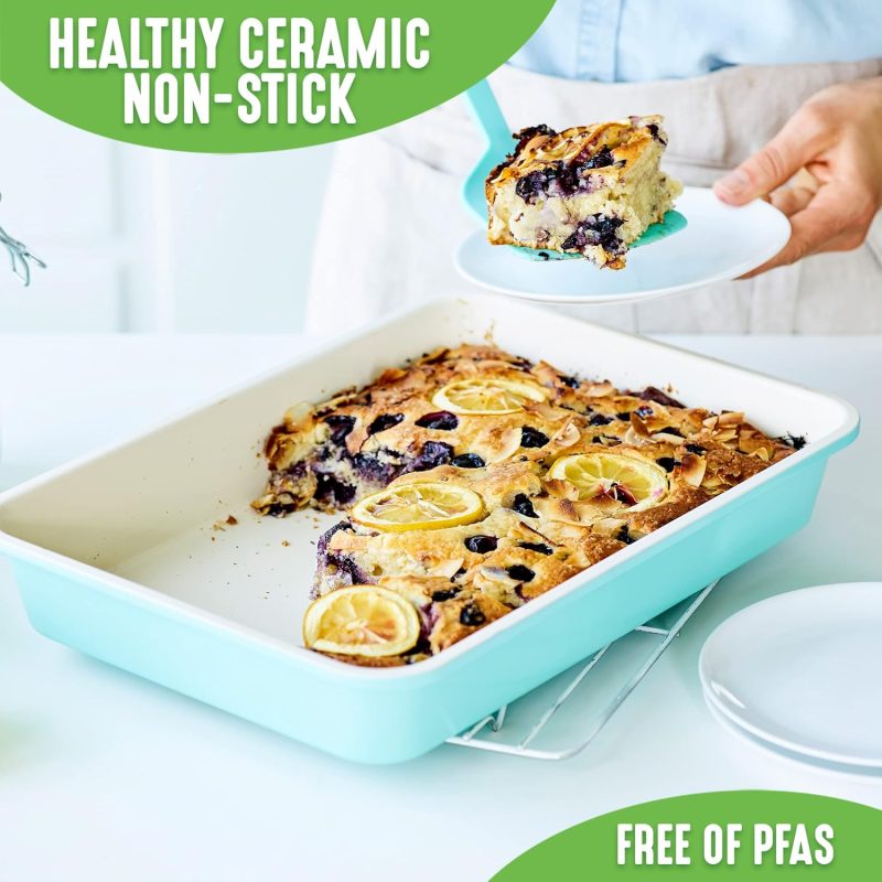 Bakeware Healthy Ceramic Nonstick, 4 Piece Toaster Oven Baking Set with Cookie Sheet Muffin and Cake Pan, PFAS-Free, Turquoise - Image 2