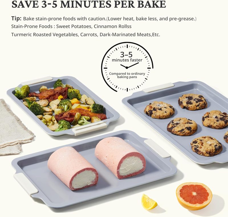 Non Stick Ceramic Baking Sheet Pan Set of 3, Natural Non Toxic Cookie Sheets for Baking - PFOA, PTFE Free, Heavy Duty Aluminized Steel Oven Trays for Cooking with Silicone Handles, Cream - Image 2