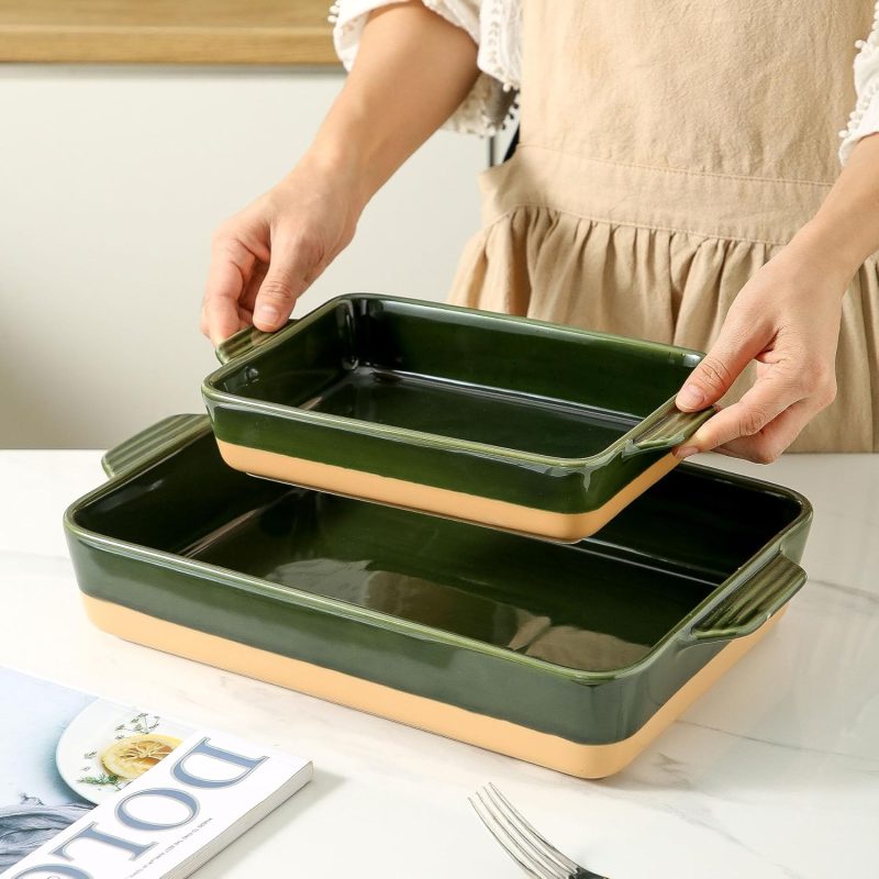 Ceramic Baking Casserole Dish with Handles, Large 9x13 inch Pan and Middle Baking Pan - Porcelain Serving Bakeware Set (Forest Green) - Image 2
